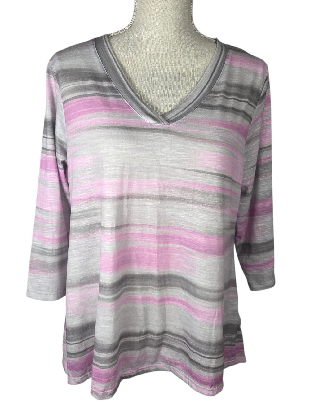 Ruby Rd Striped Shirt Womens Petite Large Pink, Gray & White -Quarter Sleeve